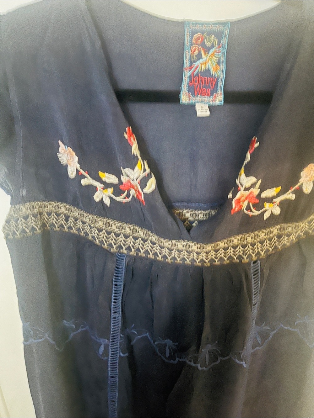 Johnny Was Navy Floral Embroidered V- tunic blouse or dress